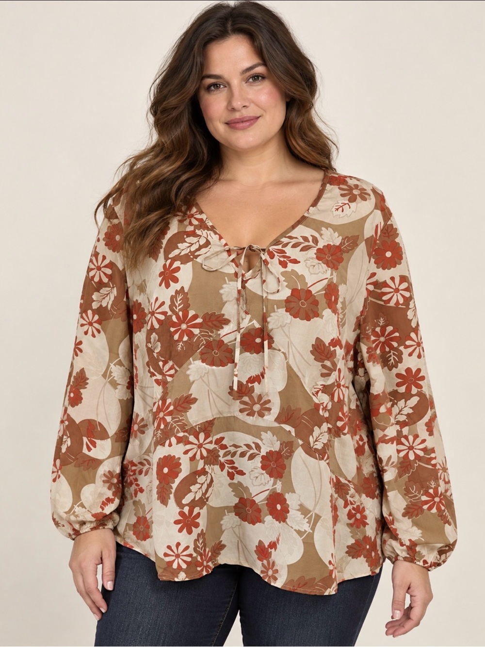 100%silk  Floral Tie-Neck Peasant Blouse in Rust and Cream